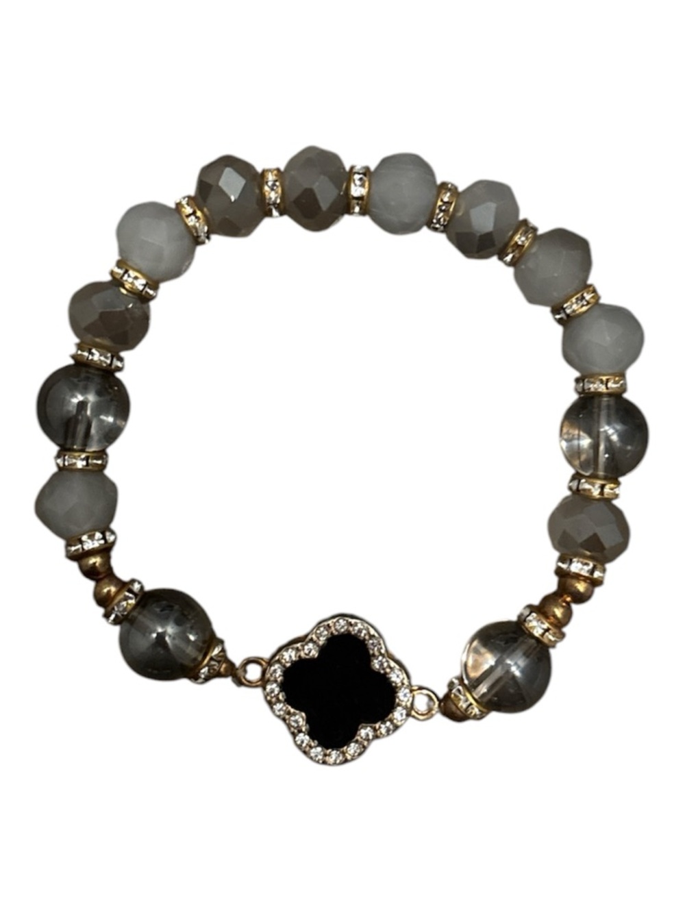 Gray‎ Bead Stretch Bracelet with Black Clover Charm - Women Jewelry